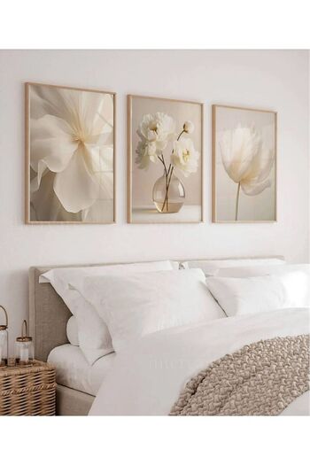 NT Handmade Pictură murală cu flori albe cu imprimare UV cu rame din lemn natural – Decor modern și elegant