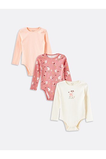 LC Waikiki Pink Crew Neck Baby Girl Snap Bodysuit 3-Piece