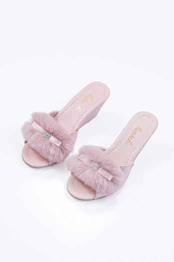 Lunoche Nightwear Women's Thick Heeled Feathered and Stoned Stylish Daily House Slippers Dowry Slippers Ornate Birth Guest Bride Te