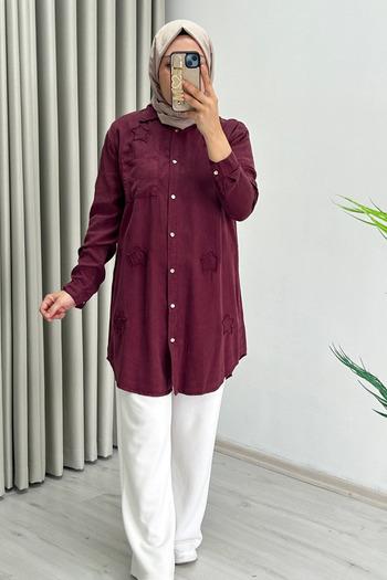 NOSHE Summer Efil Fabric Hijab Women's Shirt with Star Detail Snap Button Closure