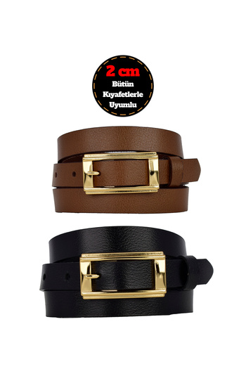GoDeri 100% Genuine Leather Set of 2 Gold Color Buckle 2 cm Women's Belt Black, Brown Matches Any Outfit _Y.Dik