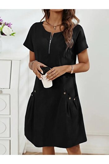 Modayakamoz Women's Short Sleeve Open Collar Zipper Pocket Detailed Imported Linen Dress
