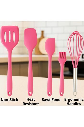 TARIK HOME 5 Pieces Pink Silicone Whisk, Brush, Spatula Set with Ergonomic Handle - Fireproof and Non-Stick