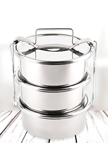 woodhub 13x5cm 3 Kaplı Paslanmaz Çelik Yemek Taşıma Kabı Seti, 2-3 Kişilik, Isıtılabilir, Gri