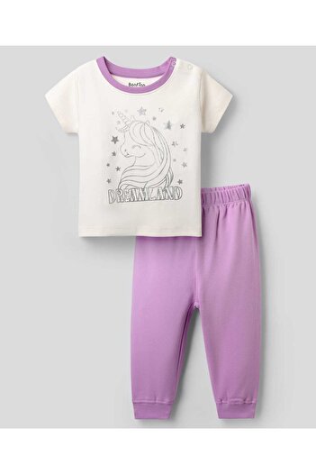 Bonfino Unicorn Printed Pajama Set - Ivory & Lavender