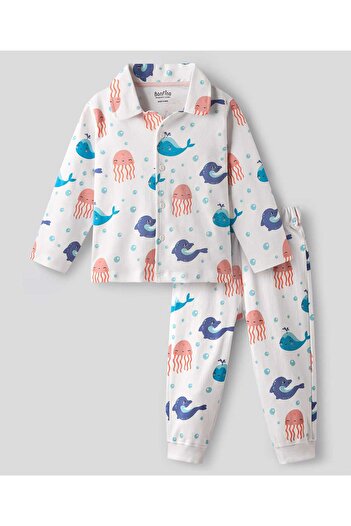 Bonfino 100% Cotton Printed Pajama Set - White