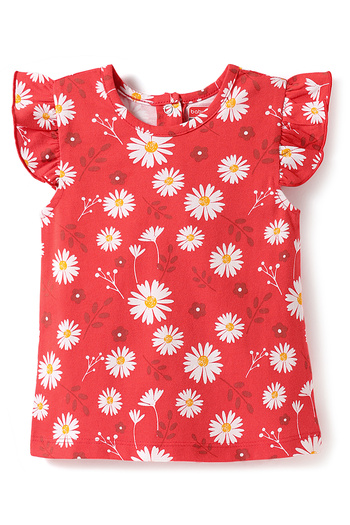 Babyhug Frill Sleeves Co-ord Night Suit with Floral Print - Red