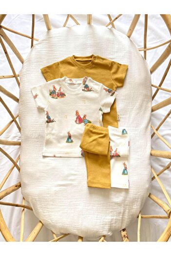 Zezig Rabbit Family Pattern and Mustard Color 2 Pieces Camisole Bottom-Top Set 100% Cotton
