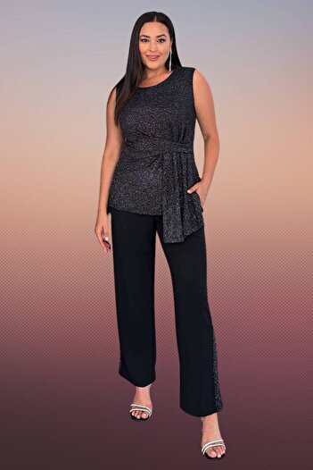 Moda Amore Plus Size Evening Dress Double Set - Sequin Blouse and Pants 026
