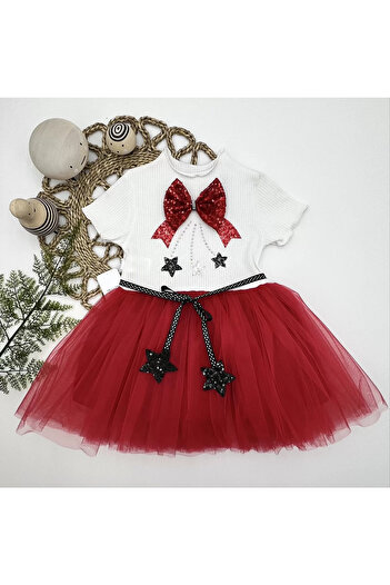 ALFA AKSESUAR 03 1-2-3 Years Old Sequined Star Embroidered Lined Skirt Baby Girl Tutu Dress Ecru