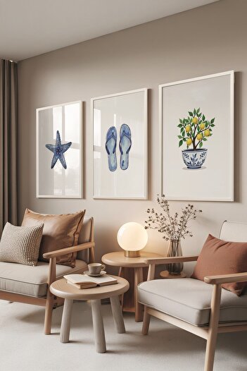Postifull White Painting Set, 3 Pieces White Framed Poster Mini Summer Model No:300857, Blue Wall Decor