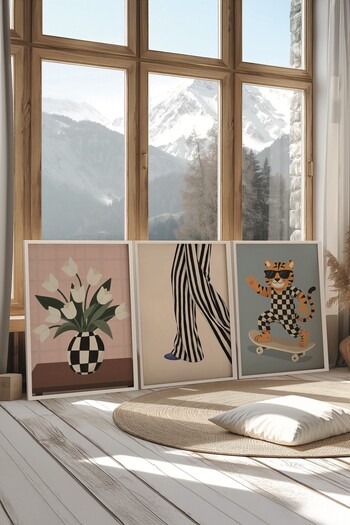 Postifull White Painting Set, 3 Pieces White Framed Poster Skater Cat Model No:300869, Multicolor Wall Decor
