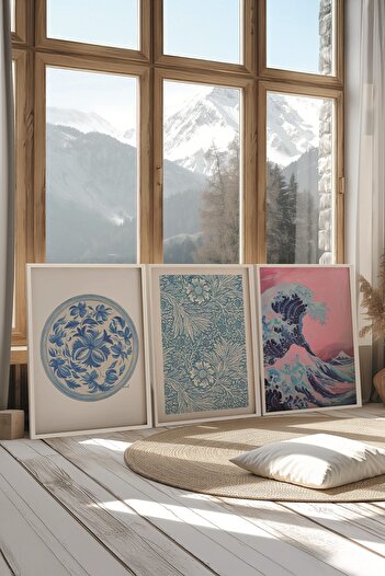 Postifull White Painting Set, 3 Pieces White Framed Poster Hokusai Waves Model No:300866, Pink Wall Decor