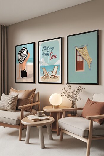 Postifull Black Painting Set, 3 Pieces Black Framed Poster by the Sea Model No:300862, Blue Wall Decor