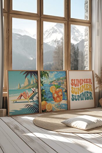Postifull Wooden Painting Set, 3 Pieces Wooden Framed Poster Summer Model No:300854, Multicolor Wall Decor