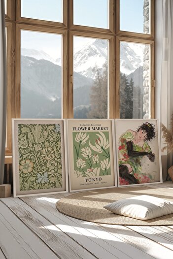 Postifull White Painting Set, 3 Pieces White Framed Poster Flower Lady Model No:300863, Green Wall Decor
