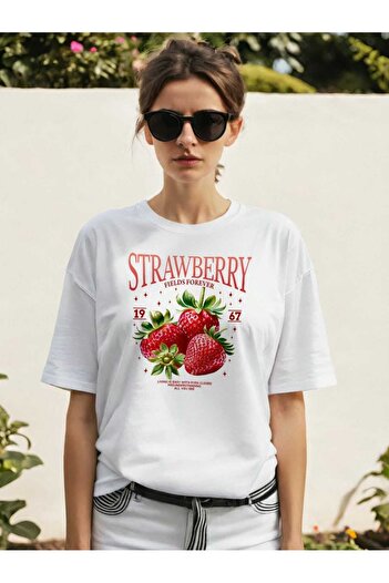 Ankhises Μπλουζάκι με μπροστινό στάμπα Strawberry Oversize Ανδρικό Γυναικείο Βαμβακερό μπλουζάκι με λαιμόκοψη