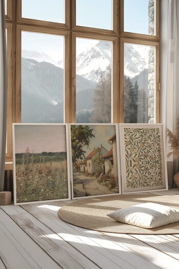 Postifull White Painting Set, 3 Pieces White Framed Poster Vintage House Model No:300871, Colorful Wall Decor