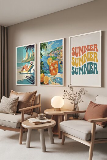 Postifull White Painting Set, 3 Pieces White Framed Poster Summer Model No:300854, Multicolor Wall Decor