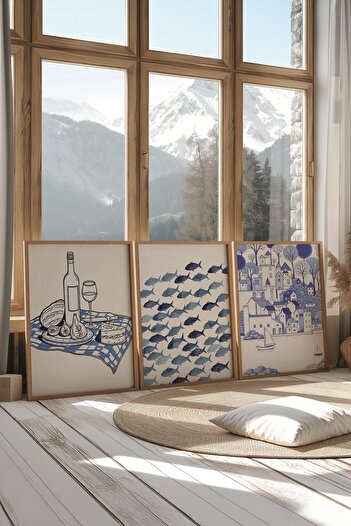 Postifull Wooden Painting Set, 3 Pieces Wooden Framed Poster Minimal Blue Model No:300853, Blue Wall Decor