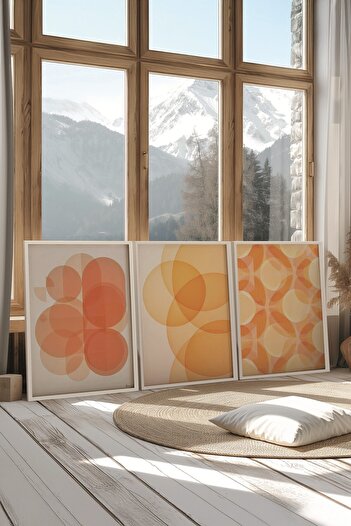Postifull White Painting Set, 3 Pieces White Framed Poster Abstract Model No:300867, Yellow Wall Decor