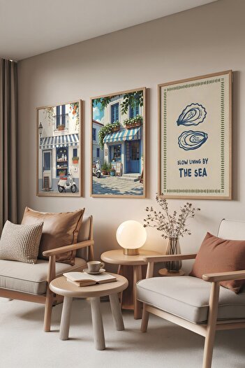 Postifull Wooden Painting Set, 3 Pieces Wooden Framed Poster Slow Living by the Sea Model No:300860, Wall Decoration