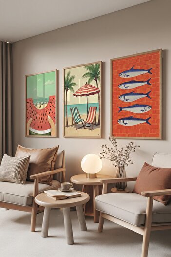 Postifull Wooden Painting Set, 3 Pieces Wooden Framed Poster Watermelon Model No:300859, Green Wall Decor