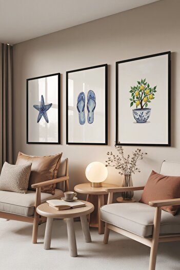 Postifull Black Painting Set, 3 Pieces Black Framed Poster Mini Summer Model No:300857, Blue Wall Decor