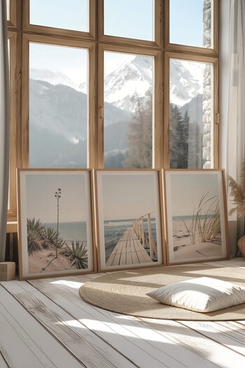 Postifull Ahşap Tablo Seti, 3 Adet Ahşap Çerçeveli Poster Best Beach View Model No:300842, Mavi Duvar Dekoru