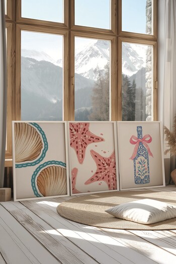 Postifull Beyaz Tablo Seti, 3 Adet Beyaz Çerçeveli Poster Sea Bottle Model No:300849, Mavi Duvar Dekor