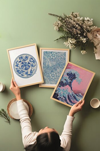Postifull Ahşap Tablo Seti, 3 Adet Ahşap Çerçeveli Poster Hokusai Waves Model No:300866, Pembe Duvar Dekor