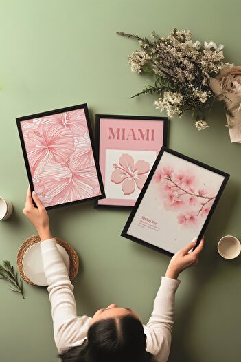 Postifull Siyah Tablo Seti, 3 Adet Siyah Çerçeveli Poster Miami Model No:300799, Pembe Duvar Dekoru