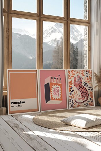 Postifull White Painting Set, 3 Pieces White Framed Poster Tiger Model No:300897, Orange Wall Decor