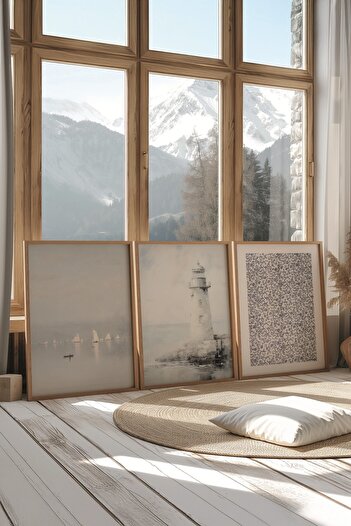 Postifull Wooden Painting Set, 3 Pieces Wooden Framed Poster Land Model No:300891, Gray and Blue Wall Decoration