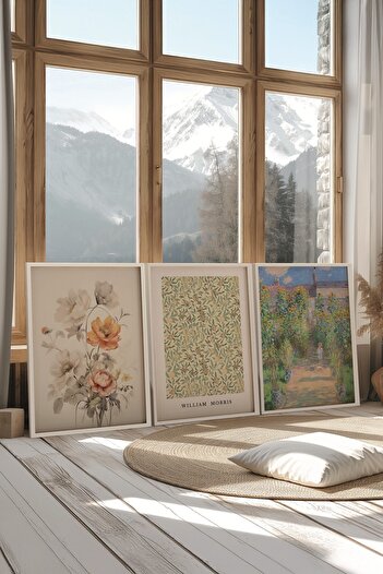 Postifull White Painting Set, 3 Pieces White Framed Poster Monet-Morris Model No:300886, Colorful Wall Decor