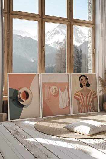 Postifull White Painting Set, 3 Pieces White Framed Poster a Coffee? Model No:300888, Pink Wall Decoration