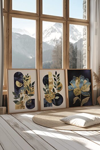 Postifull Wooden Painting Set, 3 Pieces Wooden Framed Poster Dance of Blue&Gold Model No:300883, Wall Decoration