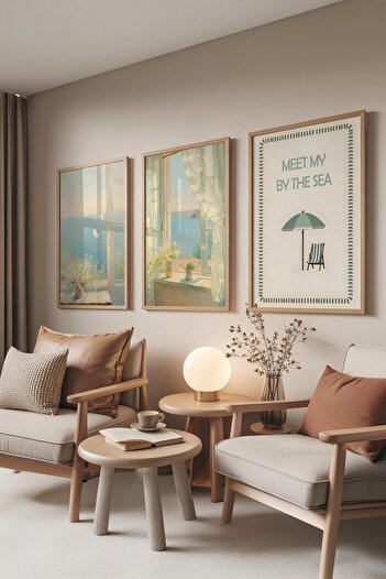Postifull Wooden Painting Set, 3 Pieces Wooden Framed Poster by the Sea Model No:300889, Blue Wall Decor