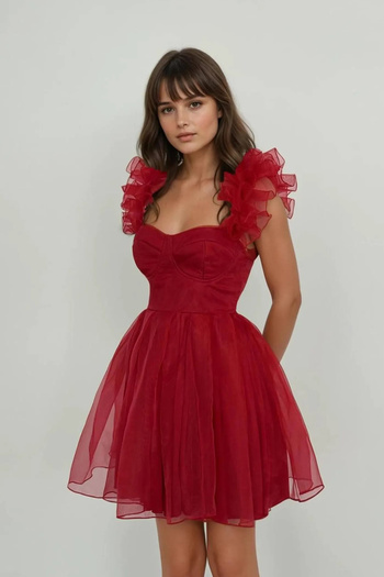 Pissos Romantic Red Sweetheart Neckline Sleeve Detail Tulle Mini Dress