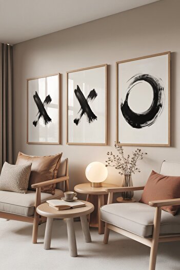 Postifull Wooden Painting Set, 3 Pieces Wooden Framed Poster Xox Model No:300882, Black and White Wall Decor