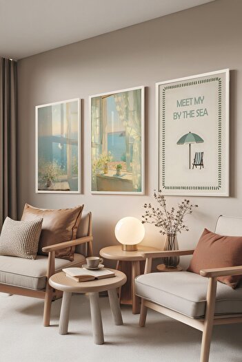 Postifull White Painting Set, 3 Pieces White Framed Poster by the Sea Model No:300889, Blue Wall Decor