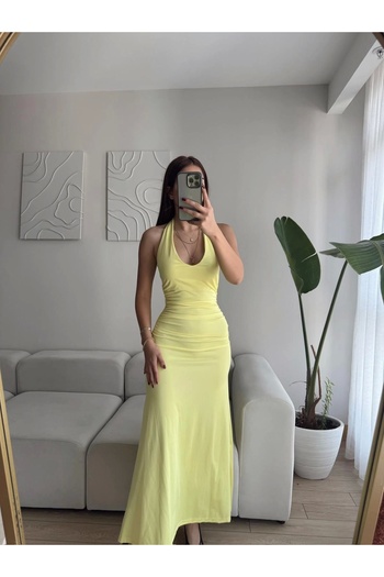 Zoom Butik Boyun Bağlamalı Maxi Elbise - SARI
