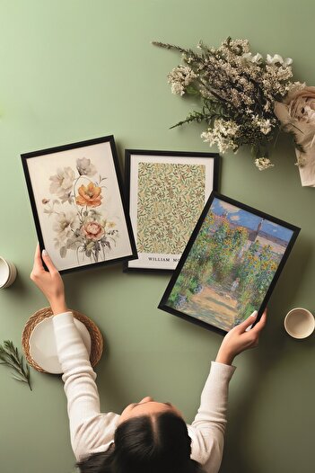 Postifull Siyah Tablo Seti, 3 Adet Siyah Çerçeveli Poster Monet-Morris Model No:300886, Renkli Duvar Dekoru