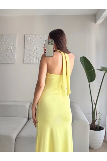 Zoom Butik Boyun Bağlamalı Maxi Elbise - SARI