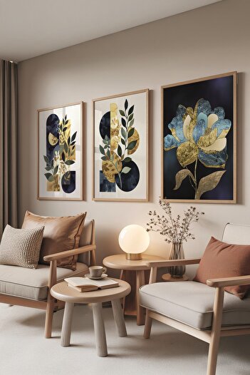 Postifull Wooden Painting Set, 3 Pieces Wooden Framed Poster Dance of Blue&Gold Model No:300883, Wall Decoration