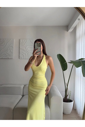 Zoom Butik Boyun Bağlamalı Maxi Elbise - SARI
