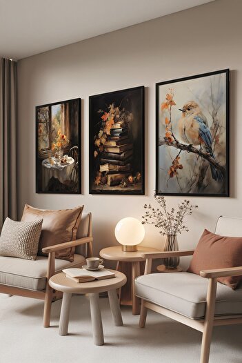 Postifull Black Painting Set, 3 Pieces Black Framed Poster Autumn Birds Model No:300875, Brown and Orange