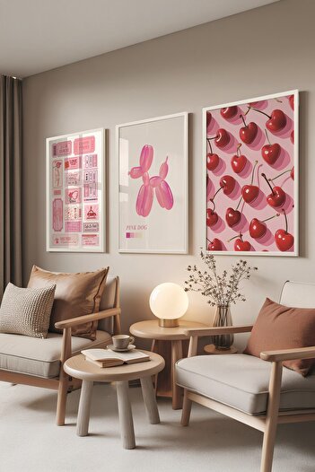Postifull White Painting Set, 3 Pieces White Framed Poster Preppy Model No:300893, Pink Wall Decor