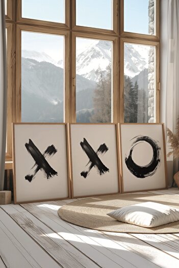 Postifull Wooden Painting Set, 3 Pieces Wooden Framed Poster Xox Model No:300882, Black and White Wall Decor