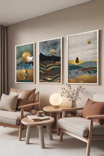 Postifull White Painting Set, 3 Pieces White Framed Poster Sun by the Mountain Model No:300884, Wall Decor